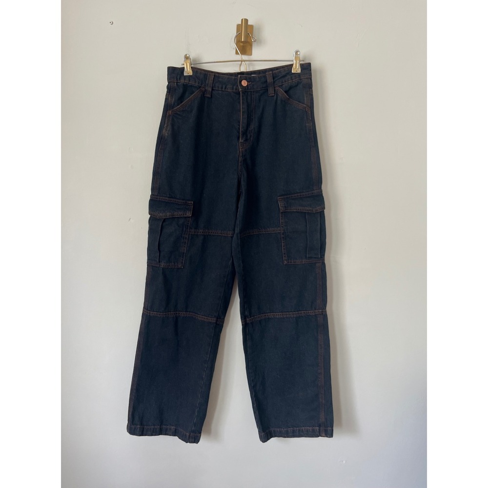 H&M Divided Women Dark Wash Cargo Jeans Wide Leg Contrast Stitch Size 6